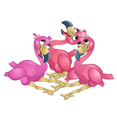 Üç güzel kız beyaz arka plan üzerinde Flamingo izole. Vektör karikatür yakın çekim Şekil.