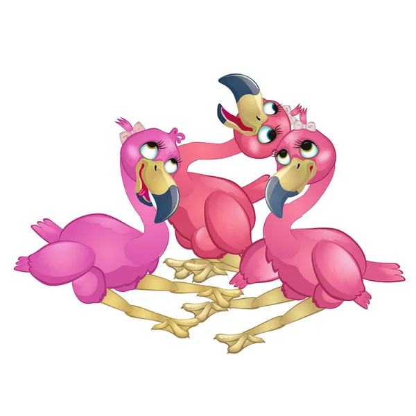 Drei schöne Mädchen Flamingo isoliert auf weißem Hintergrund. Vektor-Karikatur in Nahaufnahme. — Stockvektor