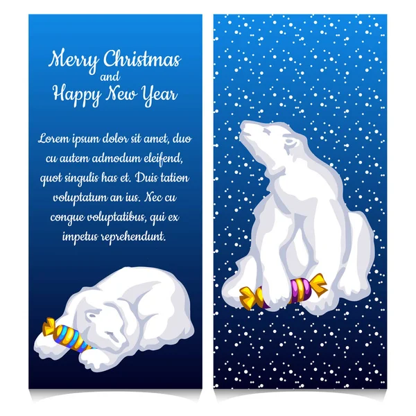 Двойная вертикальная карта со снежным медведем со сладкими конфетами. Рисунок для поздравительной открытки, праздничного плаката или приглашения на вечеринку с пространством для текста. Атрибуты Рождества и Нового года. Векторная иллюстрация — стоковый вектор