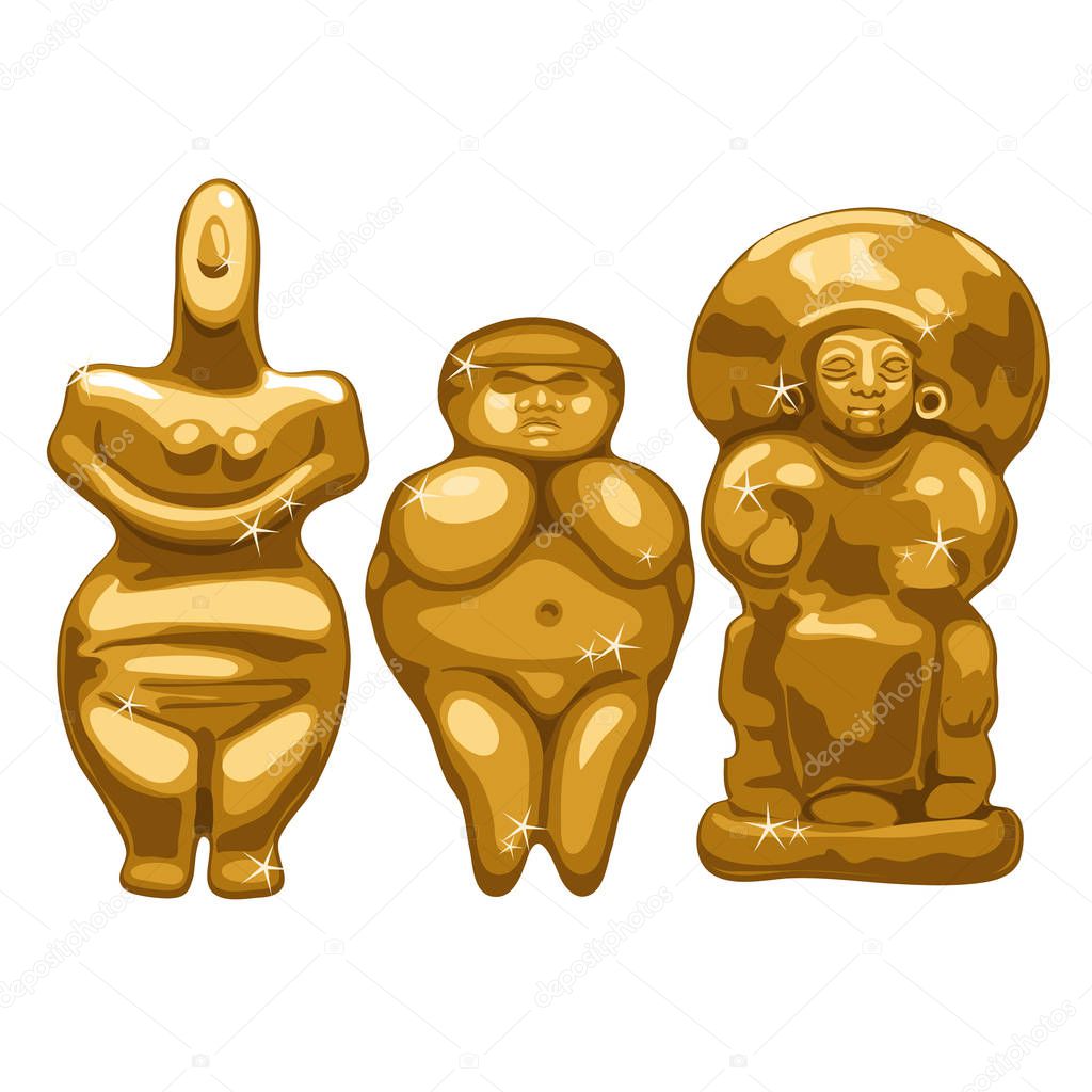 The collection of ancient statues depicting women isolated on white background. Vector illustration.