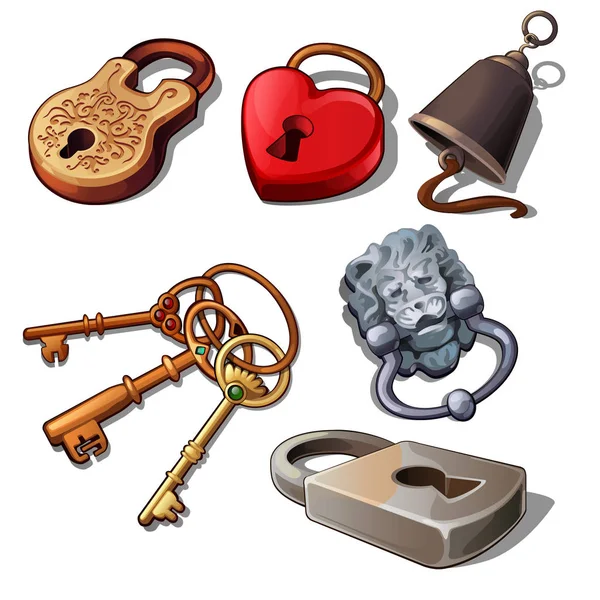 Conjunto de cadeados vintage e chaves isoladas em um fundo branco. Desenhos animados ilustração vector close-up . — Vetor de Stock