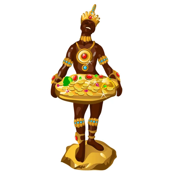 Estatueta na forma de um homem de pele escura com uma bandeja de jóias de ouro isolado em um fundo branco. Ilustração vetorial . —  Vetores de Stock