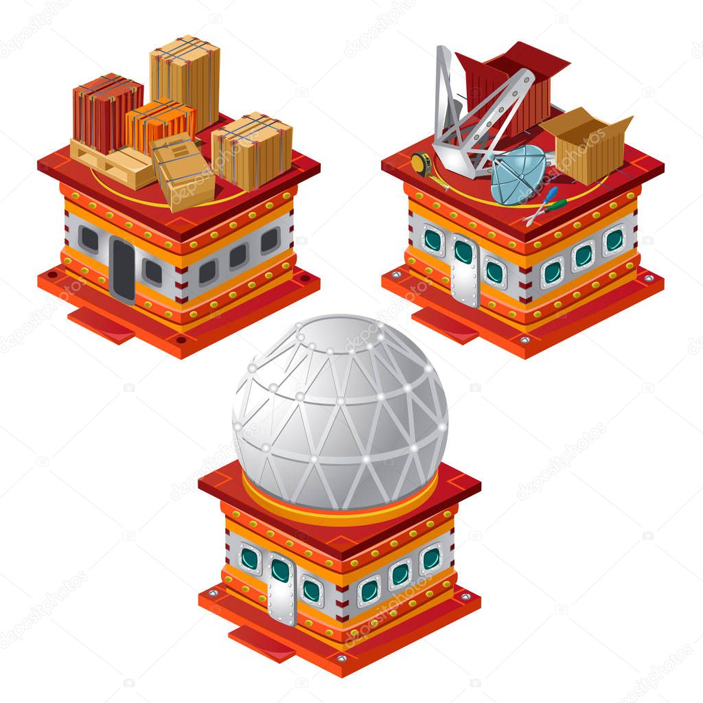 Set of stages of construction of the Observatory is isolated on a white background. Vector cartoon close-up illustration.