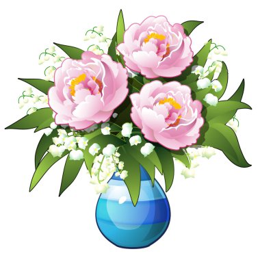 Buket çiçek Lilyum vadi ve beyaz arka plan üzerinde izole mavi bir vazoda peonies. Vektör karikatür yakın çekim Şekil.