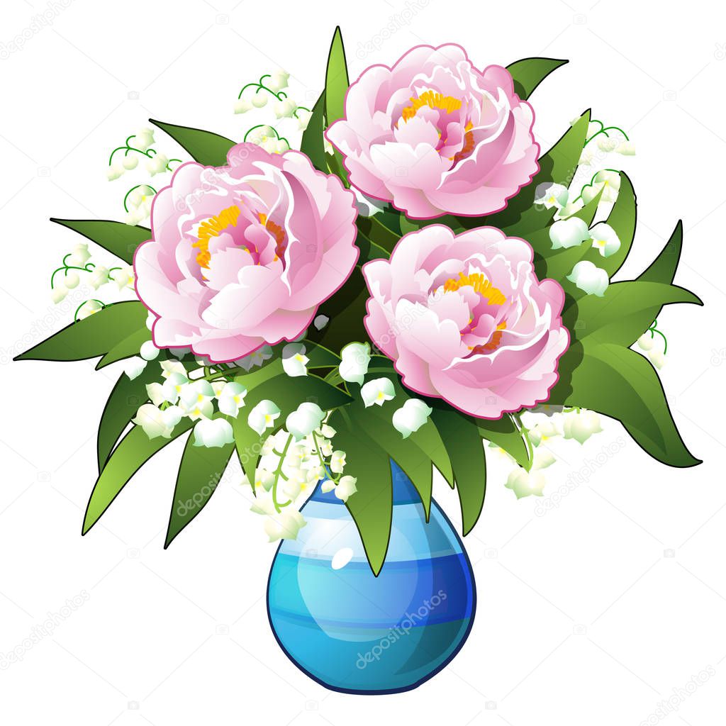Bouquet of flowers lilies of the valley and peonies in a blue vase isolated on white background. Vector cartoon close-up illustration.