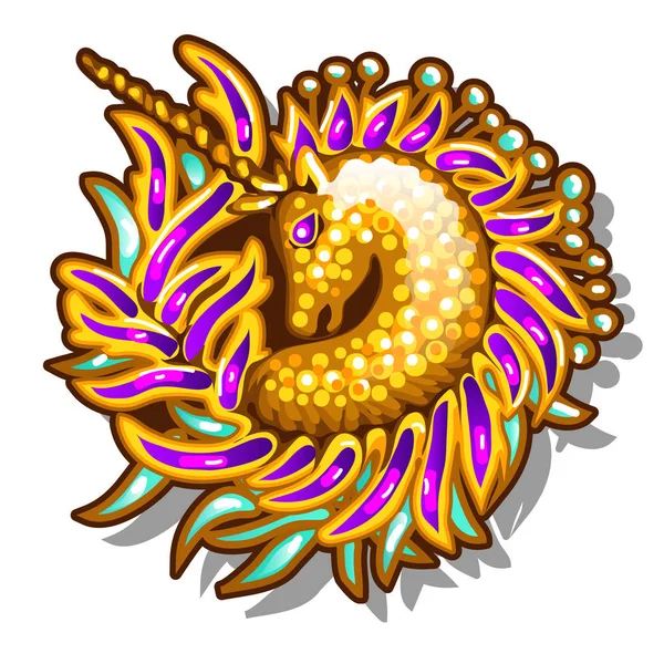 Bunt dekorierter Schmuck in Form von Broschen oder Anhängern mit einem Bild eines goldenen Einhorns auf weißem Hintergrund. Vektor-Karikatur in Nahaufnahme. — Stockvektor