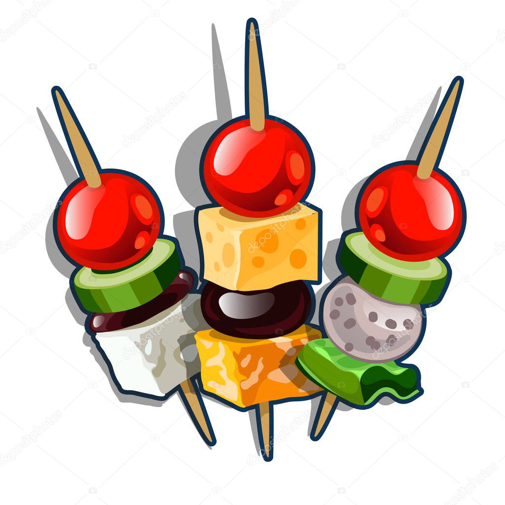 Set of Canape. Cheese cubes, olives and tomatoes isolated on white background. Vector cartoon close-up illustration.