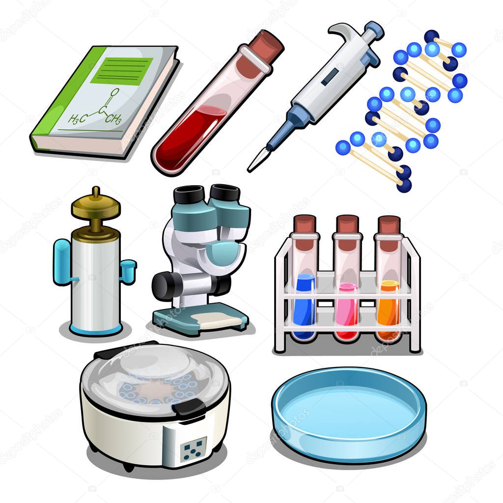 The set of objects on the subject of the chemical laboratory isolated on white background. Vector cartoon close-up illustration.