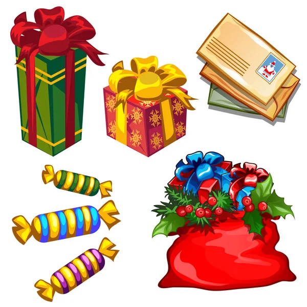 Conjunto de cajas de regalo y bolsa con regalos, cartas a Santa Claus, caramelos aislados sobre fondo blanco. Boceto para la tarjeta de felicitación, cartel festivo, invitaciones de fiesta.Los atributos de Navidad y Año Nuevo . — Vector de stock