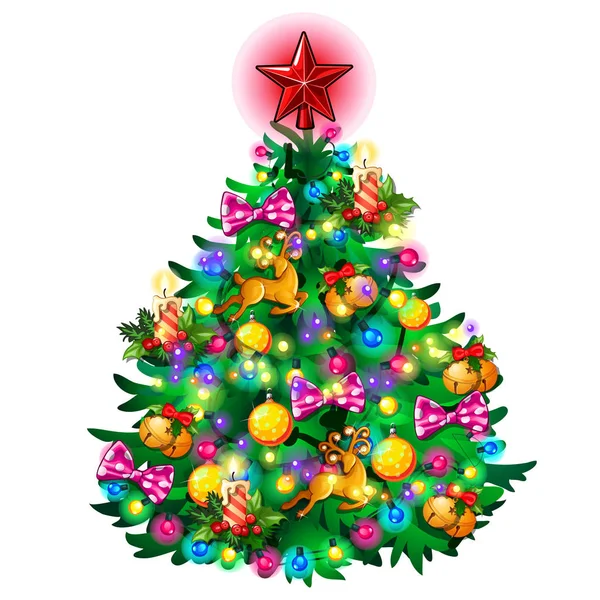 Julgran med färgglada bollar, star, leksaker och grannlåt isolerad på vit bakgrund. Skiss för gratulationskort, festlig affisch eller inbjudningar. Attributen för jul och nyår. Vektor. — Stock vektor