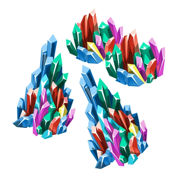 De fase van de vorming van veelkleurige kristallijne mineralen geïsoleerd op een witte achtergrond. Vectorillustratie cartoon close-up. — Stockvector