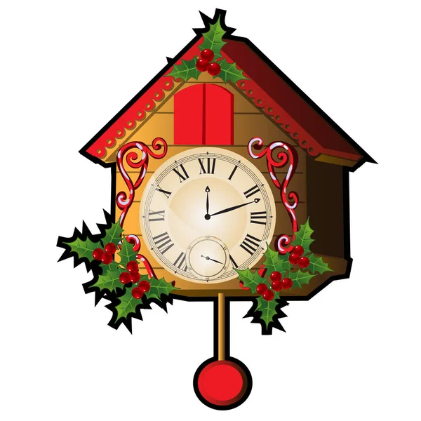 Годинник з зозулею прикрашені листя і ягід Холлі ізольовані на білому тлі. Ескіз для вітальних листівок, святковий плакат або вечірку запрошення. Атрибути Різдва та нового року. Вектор. — стоковий вектор