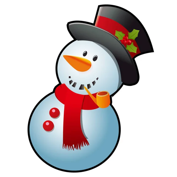 Pupazzo di neve con sciarpa rossa e cappello a cilindro nero isolato su sfondo bianco. Schizzo per biglietto di auguri, poster festivo o inviti alle feste. Gli attributi di Natale e Capodanno. Illustrazione vettoriale . — Vettoriale Stock