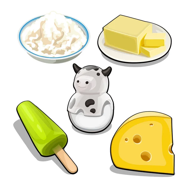 Набір предметів і їжі на тему коров'ячого молока ізольовано на білому тлі. Векторний мультфільм крупним планом ілюстрація . — стоковий вектор