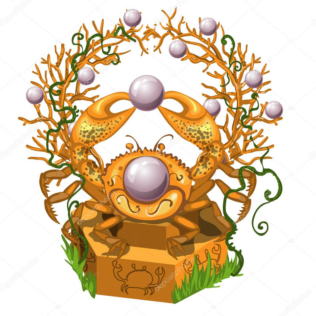The statue of the Golden crab holding in its claws a pearl isolated on white background. Vector cartoon.