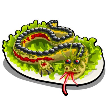 Salata bir ejderha şeklinde dekore edilmiş. Beyaz bir arka plan üzerinde izole Restoranlar imza yemek. Vektör karikatür yakın çekim Şekil.