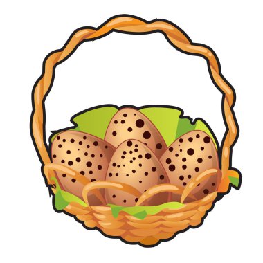 Beyaz arka plan üzerinde izole bir hasır sepet içinde benekli kuş yumurtaları. Vektör karikatür yakın çekim Şekil.