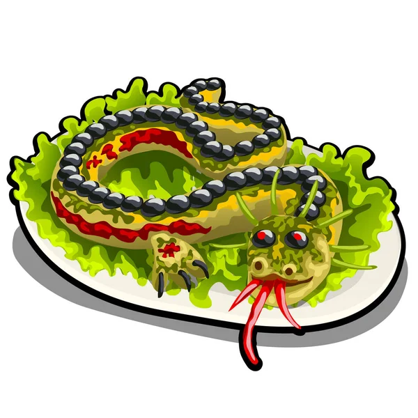 Salata bir ejderha şeklinde dekore edilmiş. Beyaz bir arka plan üzerinde izole Restoranlar imza yemek. Vektör karikatür yakın çekim Şekil.