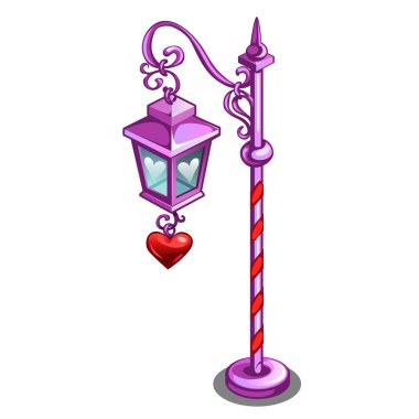 Pembe sokak lambası beyaz arka plan üzerinde izole kırmızı bir kalp şeklinde bir kolye ile. Vektör karikatür yakın çekim Şekil.