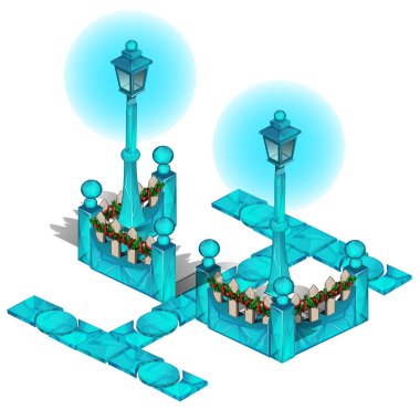 Park, sokak ve ahşap bir çit buzlu yollarda beyaz arka plan üzerinde izole Noel tatili için dekore edilmiştir. Vektör karikatür yakın çekim Şekil.