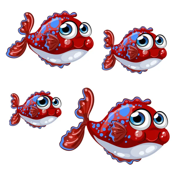 Set opgeblazen cartoon rode vis met blauwe plekken geïsoleerd op een witte achtergrond. Vectorillustratie. — Stockvector