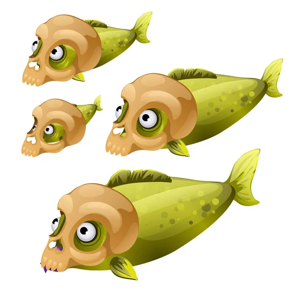 Σετ πράσινο ψάρια κολυμπούν με μάσκες με τη μορφή της ένα ανθρώπινο κρανίο που απομονώνονται σε λευκό φόντο. Εικονογράφηση διάνυσμα. — Διανυσματικό Αρχείο