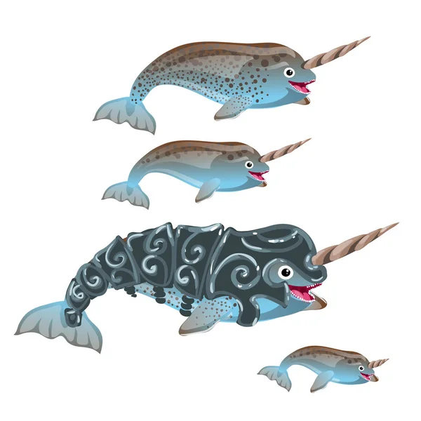 Conjunto de animais de fantasia cor azul isolado no fundo branco. Narval ou narval, Monodon monoceros. Ilustração vetorial . —  Vetores de Stock