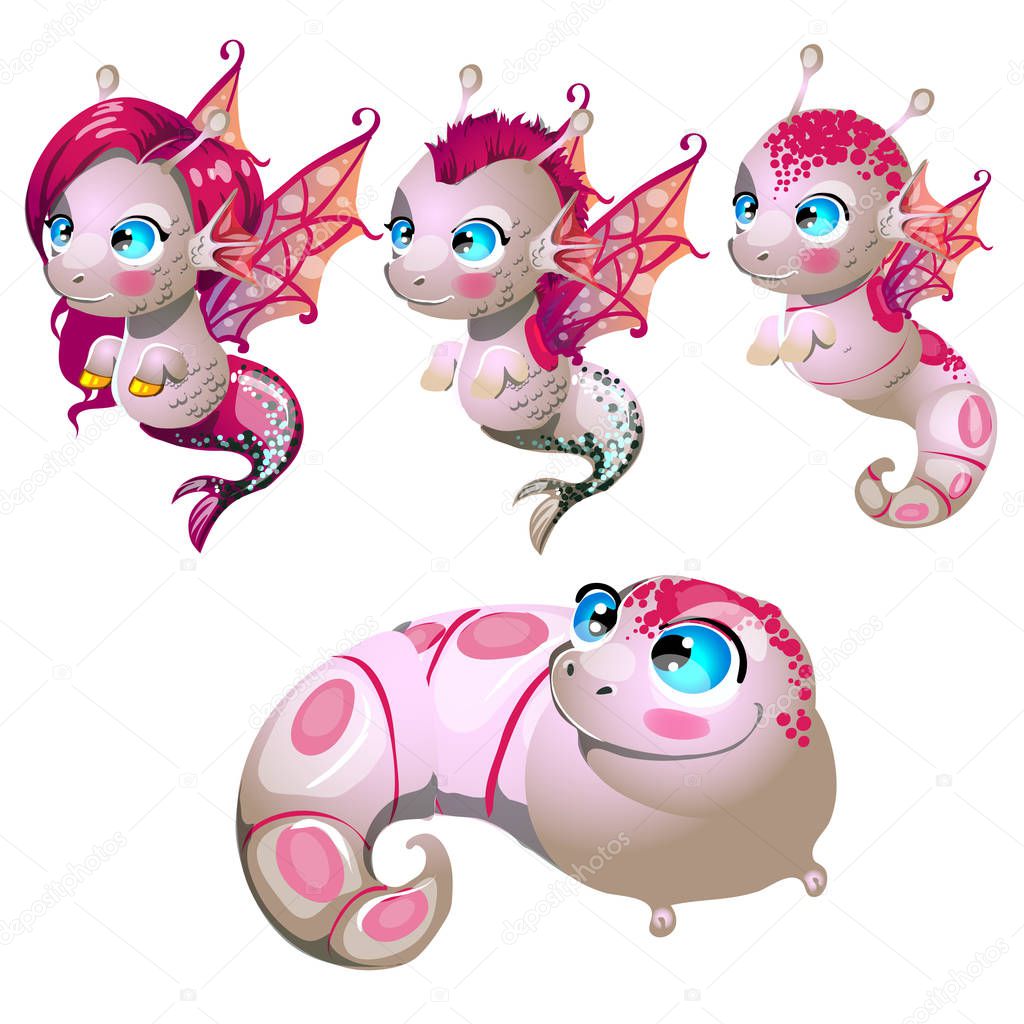 Set fantasy cartoon seahorse isolated on a white background. Stages of transformation from larvae in the sea pony. Vector illustration.