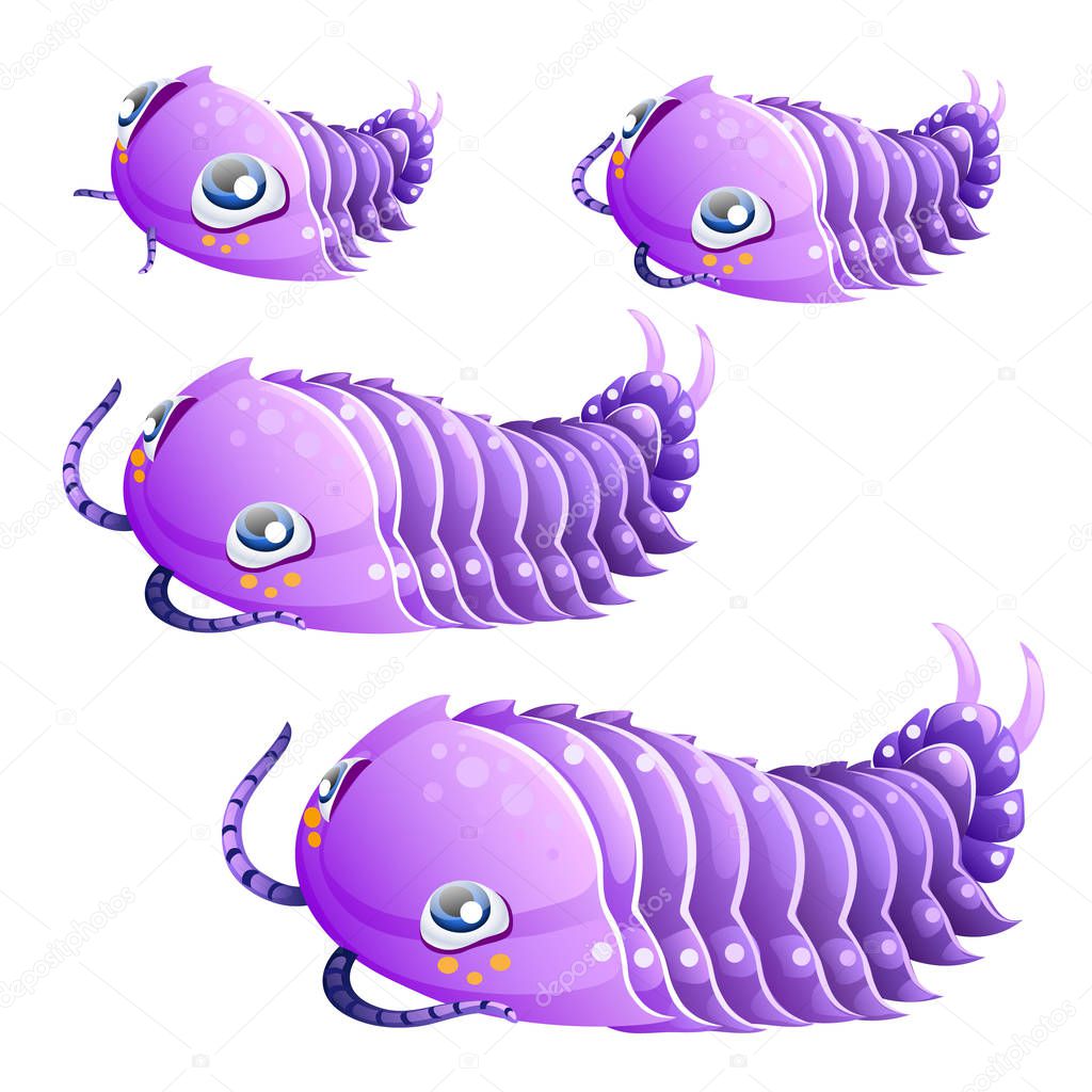 Set of fancy purple trilobites isolated on white background. Vector cartoon close-up illustration.