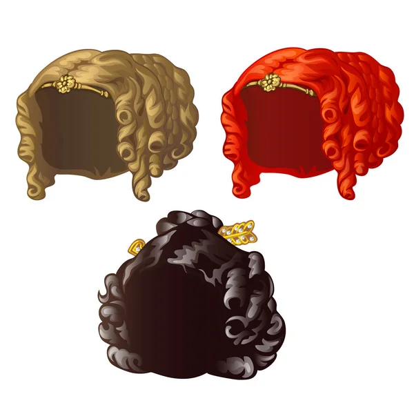 Conjunto de perucas femininas vintage para umas férias ou uma bola isolada em um fundo branco. Vector close-up desenho animado ilustração . — Vetor de Stock