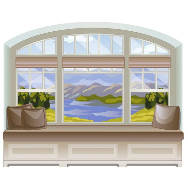 Ein gemütlicher Ort für Freizeitaktivitäten oder Bücher lesen auf der Fensterbank mit Blick auf die Berge und den See. Ideen der Innenarchitektur Fenster. Vektorillustration. — Stockvektor