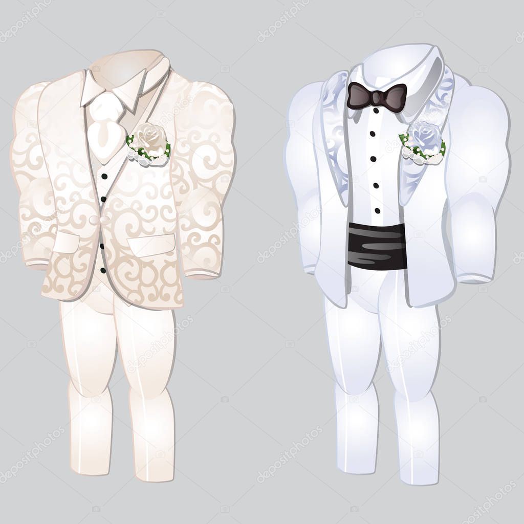 Set of animated mens clothing. Groom suit for wedding celebration isolated on a gray background. Vector close-up cartoon illustration.