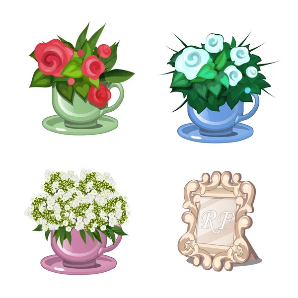 Ensemble de plantes à fleurs dans des tasses isolées sur fond blanc. Cadre de table pour images ou photos. Illustration vectorielle . — Image vectorielle