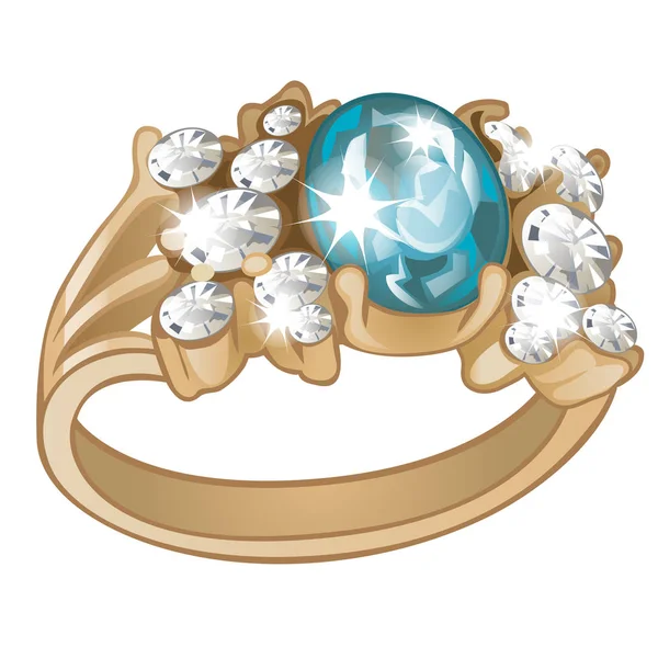Exklusiv ring gjord av guld med inläggningar blå akvamarin och diamanter isolerad på vit bakgrund. En instans av boutique smycken. Vektorillustration. — Stock vektor