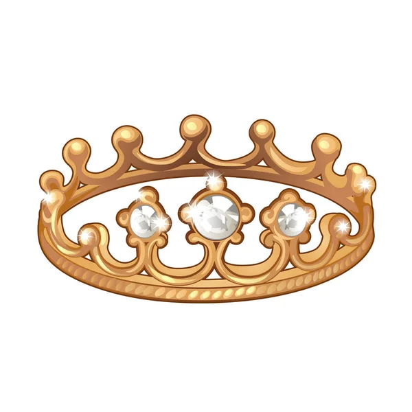 Exclusieve ring in de vorm van een koninklijke kroon gemaakt van goud met ingelegde diamanten geïsoleerd op een witte achtergrond. Een exemplaar van boutique sieraden. Vectorillustratie cartoon close-up. — Stockvector