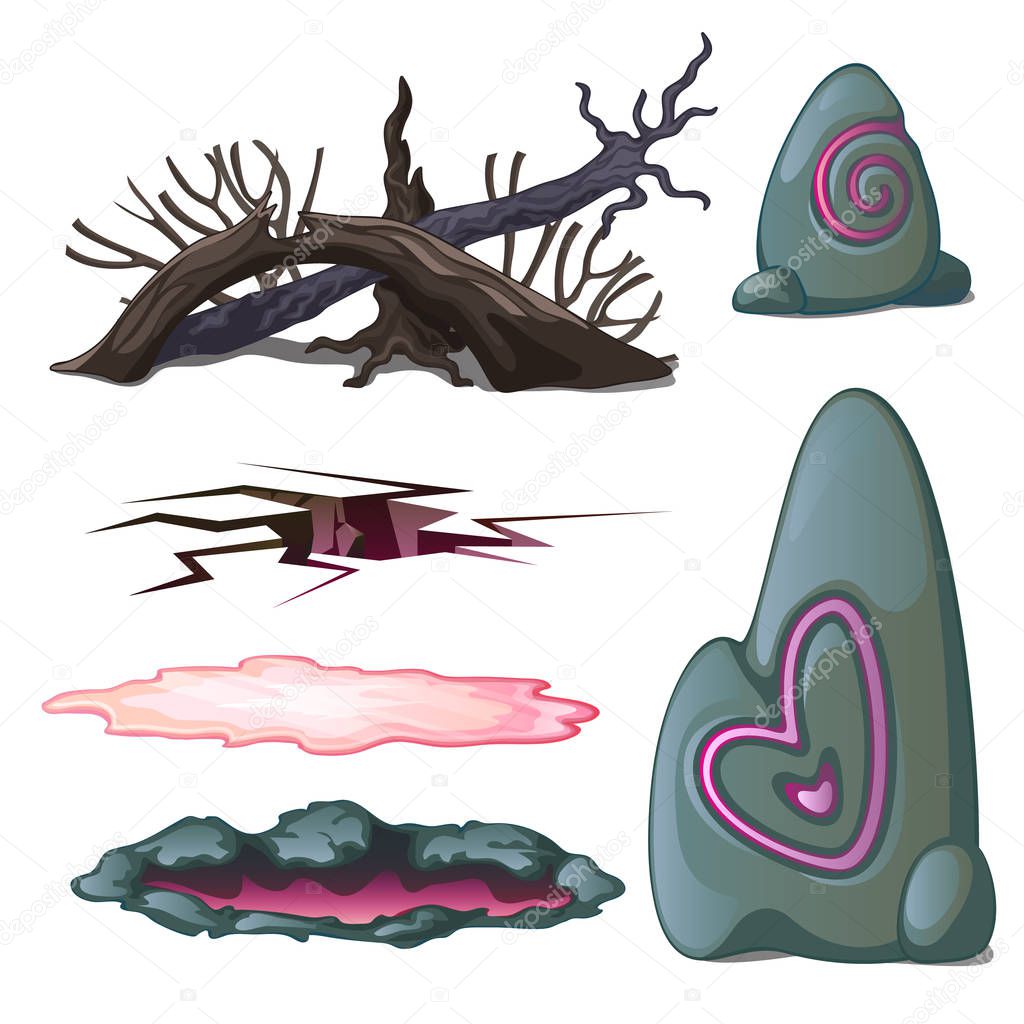 A set of geological objects and the elements of wildlife isolated on white background. Vector illustration.
