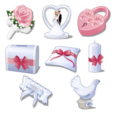 Beyaz arka plan üzerinde izole düğün aksesuarları ayarlayın. Gelin buketi, heykelcik yeni evliler araba dekorasyon, pembe asma kilit, kutu, yastık, mum, jartiyer ve güvercin figürü için.