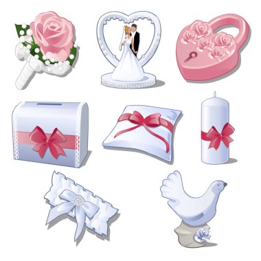 Set wedding accessories isolated on white background. The brides bouquet, figurine newlyweds for car decoration, pink padlock, box, pillow, candle, garter and figure of a dove. clipart
