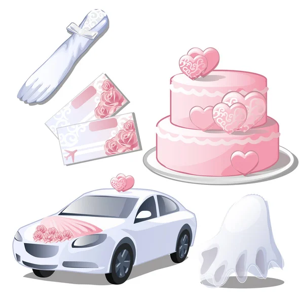 Ställ in bröllop tillbehör isolerad på vit bakgrund. Handske, bröllopinbjudningar eller biljetter för smekmånad, kakan, bruden bilen. Vektorillustration. — Stock vektor