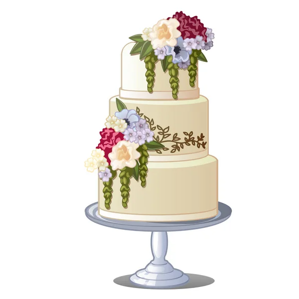 喜庆的分层饼干蛋糕 覆盖着结霜和可食用的花朵 节日海报或聚会请柬的草图 在白色背景上被隔离的糕点 婚礼属性 — 图库矢量图片