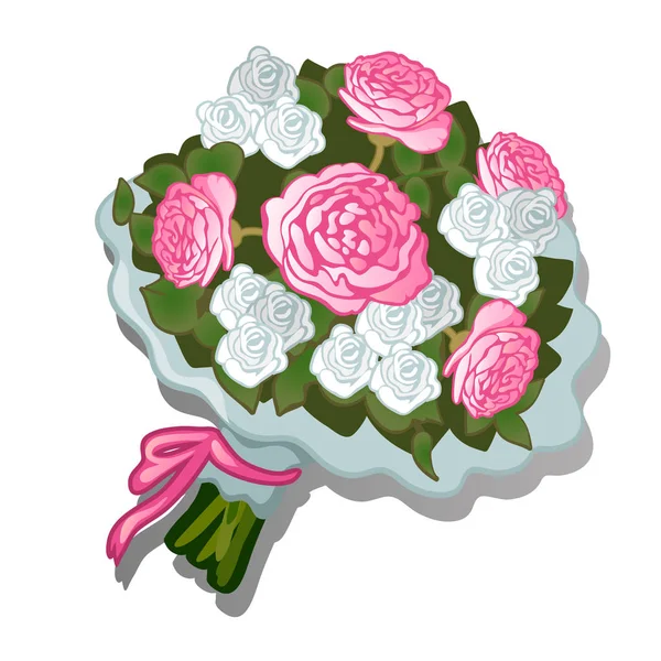En grönskande bukett blommor bundna med rosa bandet isolerad på vit bakgrund. Vektor tecknad närbild illustration. — Stock vektor