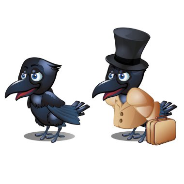 Raven beyaz arka plan üzerinde izole bavul ve şapka silindir ile kılığına girmiş. Vektör karikatür yakın çekim Şekil.