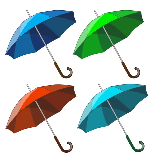 Beyaz arka plan üzerinde izole renkli şemsiyeler kümesi. Vektör karikatür yakın çekim Şekil. — Stok Vektör