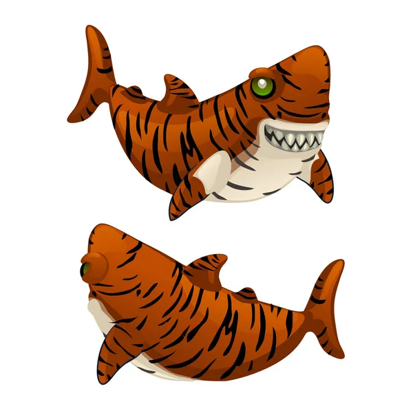 Tubarão tigre dos desenhos animados bares seus dentes afiados isolados no fundo branco. Ilustração vetorial . — Vetor de Stock