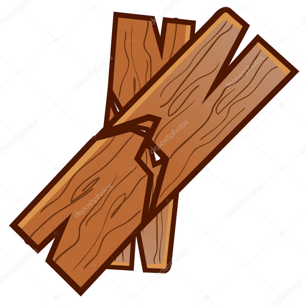 Two broken planks isolated on white background. Karate competitions. Vector cartoon close-up illustration.
