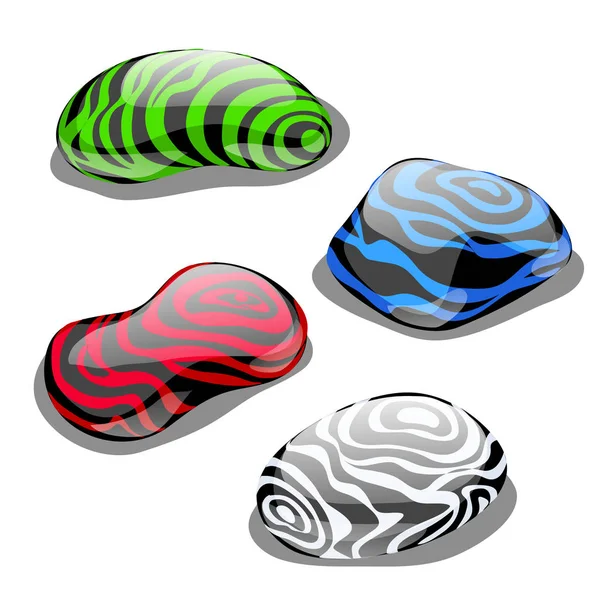 Set of four stones with polished surface and color, symbolizing the element of water, air, earth and fire isolated on white background. Vector cartoon close-up illustration. — Stock Vector
