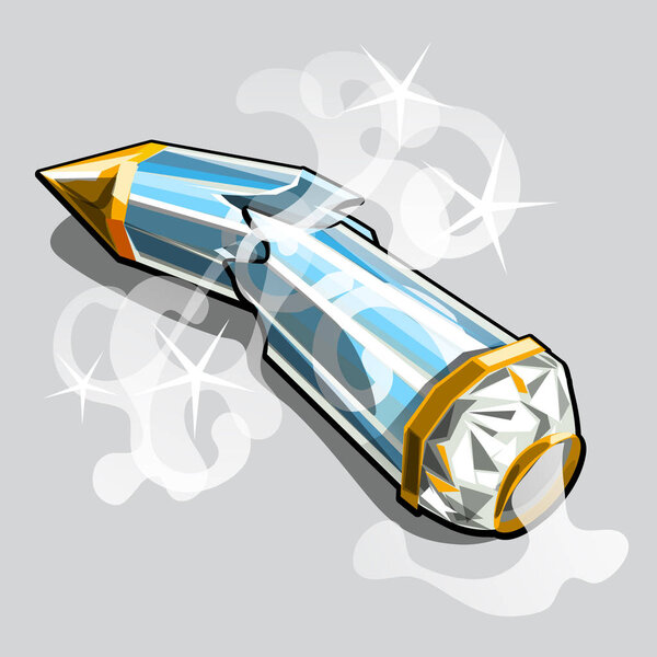 Broken glass box in the shape of a pencil isolated on a gray background. Vector cartoon close-up illustration.