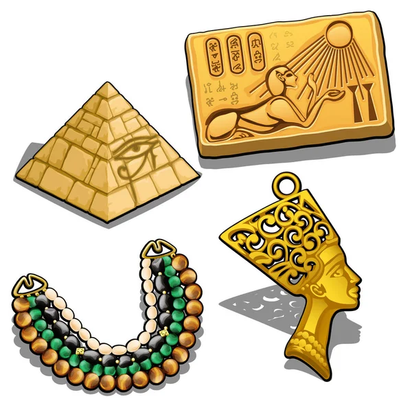 Conjunto de atributos y joyas sobre el tema del antiguo Egipto aislado sobre fondo blanco. Colgante dorado en forma de cabeza de Cleopatra, pirámide en miniatura, collar con piedras semipreciosas . — Vector de stock