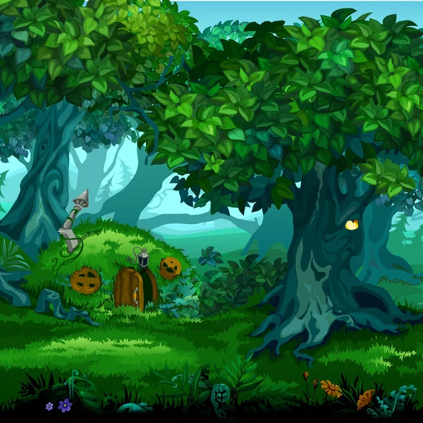 Sihirli orman. Ağaçlar hareket. Vektör karikatür yakın çekim Şekil.