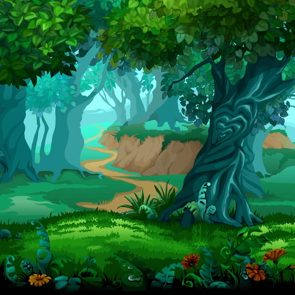 Forêt de magie. Des arbres en mouvement. Illustration en gros plan de dessin animé vectoriel . — Image vectorielle